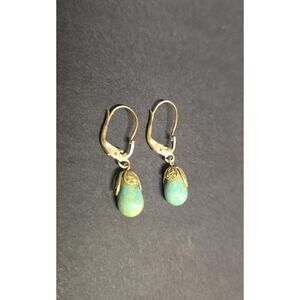 Turquoise Teardrop Dangle Drop Earrings Gold Tone Leverback Womens Boho Jewelry